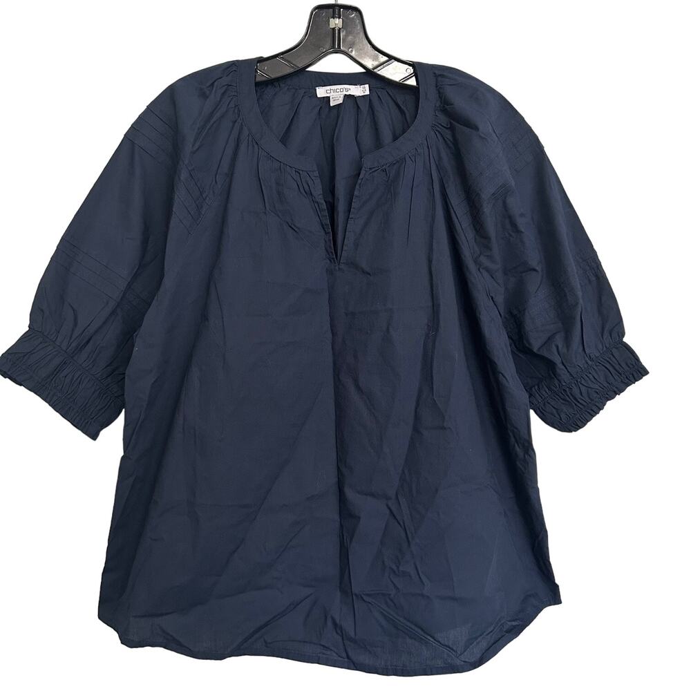 Chicos Navy Blue Cotton Short Sleeve V Neck Pullover Top US Size 10‎